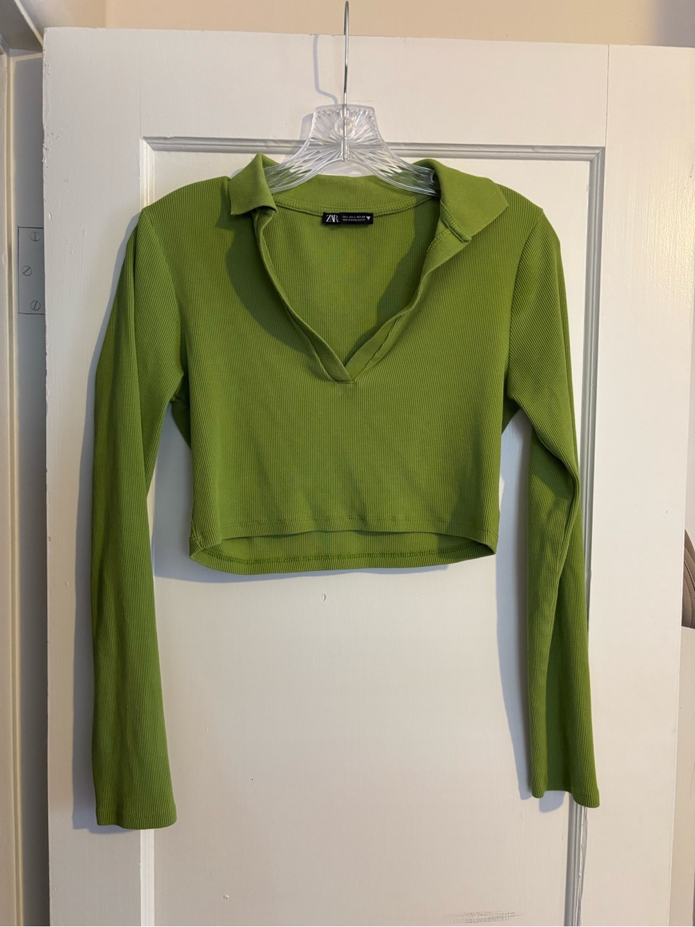 Zara Lime Green Ribbed Collared Cropped Long-Sleeve Top